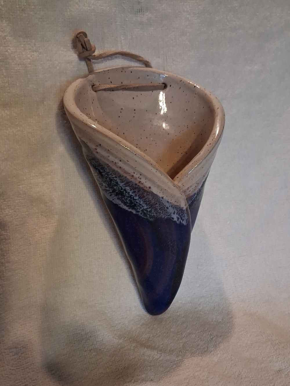 Handmade Blue and Cream Ceramic Wall Pocket Vase - Birdfeeder Decor